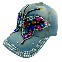 Rhinestone Butterfly Bling Denim Women's Girl's Baseball Cap Hat - Buckles.Biz