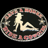 Save Horse Ride Cowgirl Rodeo Funny Western Belt Buckle Buckles - Buckles.Biz