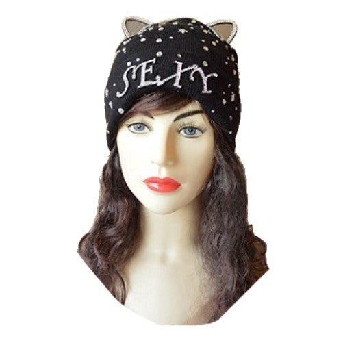 Sexy Cat Ears Jewel Studded Bling Silver Rhinestone Winter Tuque Hats - Buckles.Biz