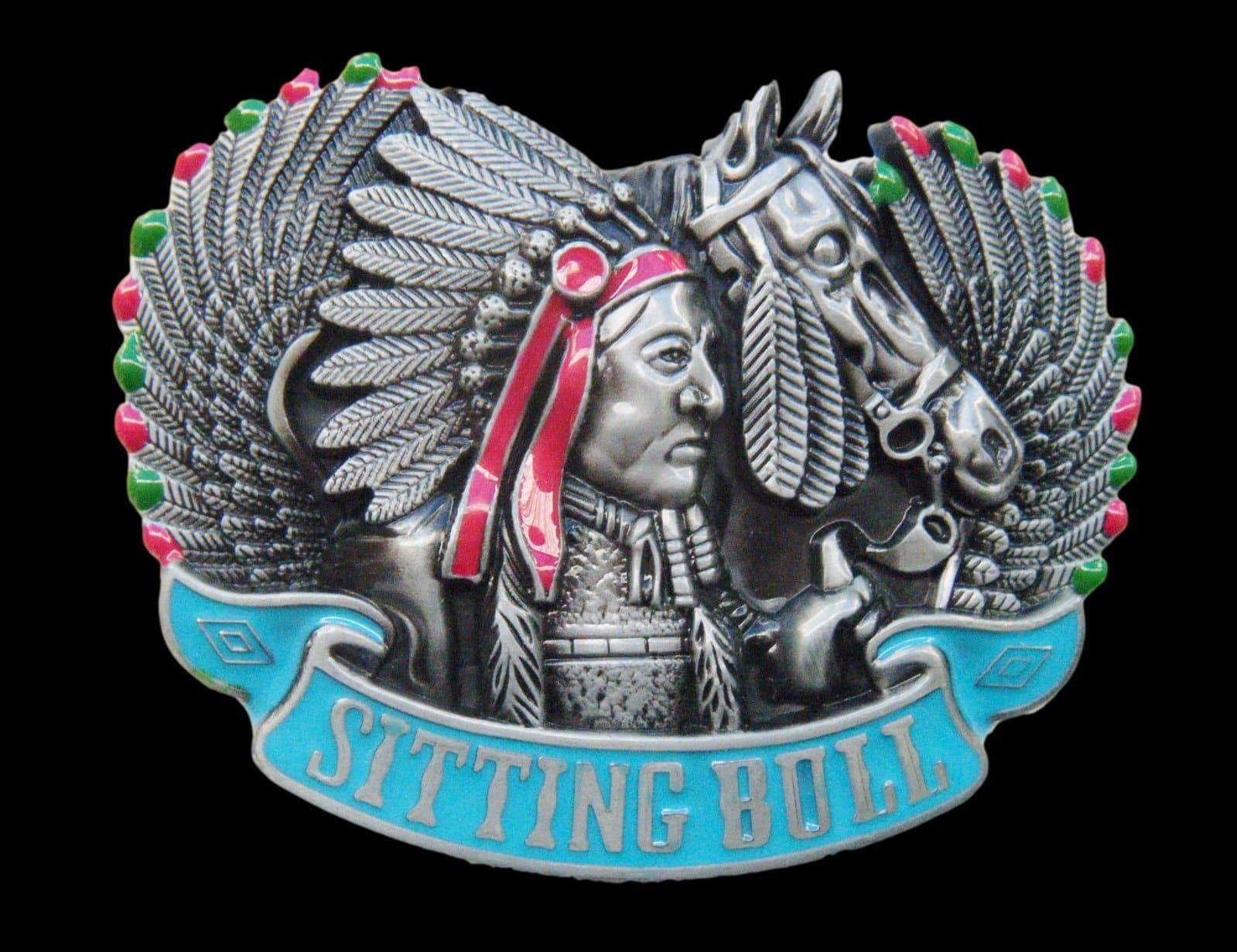 Sitting Bull Indian Chief Feathers Native American Belt Buckle Buckles - Buckles.Biz