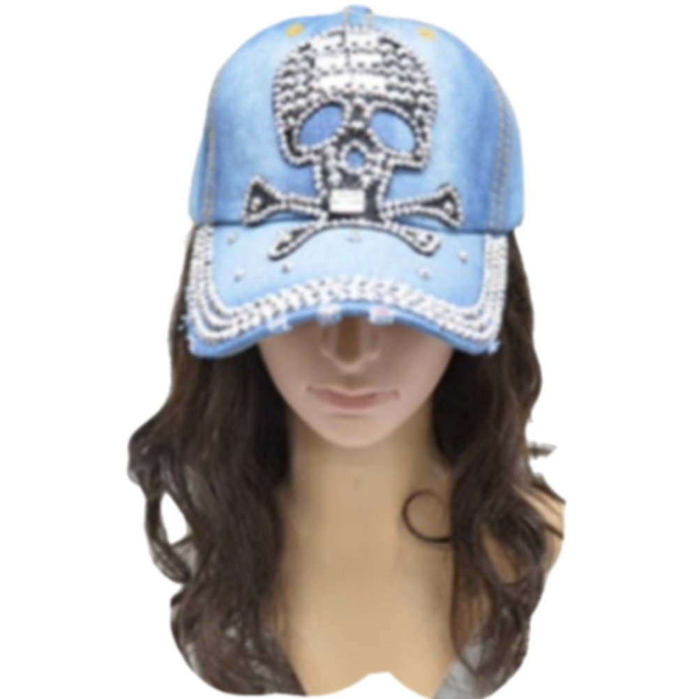 Skull Crossbones Rhinestone Women's Denim Baseball Cap Outdoor Sun Hat - Buckles.Biz