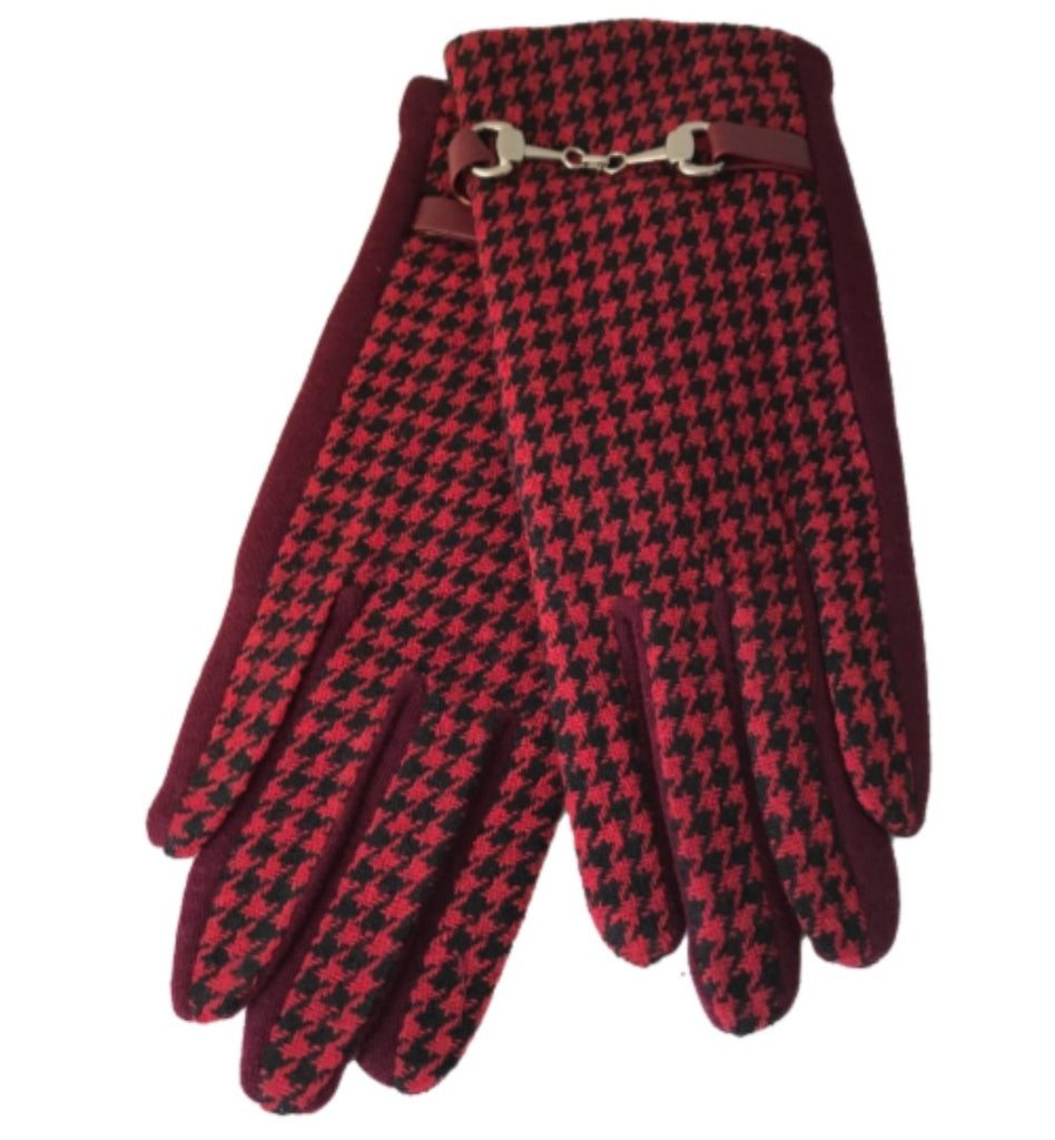 Stylish Boutique Ladies Houndstooth Pattern Red Winter Gloves - Buckles.Biz