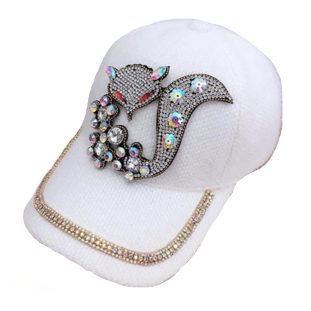 White Women's Bling Hat Rhinestones GlitterRhinestone Fox Cap - Buckles.Biz