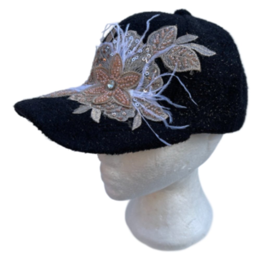 Women's Bling Hat Rhinestones Embellished Flower Floral Feather Adjustable Cap - Buckles.Biz