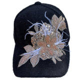 Women's Bling Hat Rhinestones Embellished Flower Floral Feather Adjustable Cap - Buckles.Biz