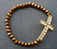 Women's Bracelet Brown Crystal Beads Religious Cross Stretch Fashion - Buckles.Biz