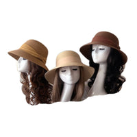 Women's Brim Straw Derby Hat Sun Floppy Wide Brim With Ribbon Folding Beach Hats - Buckles.Biz