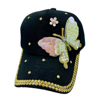 Women's Sequins Butterfly Hat Gold Bling Baseball Hat Sparkle Rhinestone Ballcap - Buckles.Biz