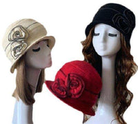 Women's Two Floral 1920s Winter 100% Wool Cap Beret Beanie Cloche Bucket Hat - Buckles.Biz