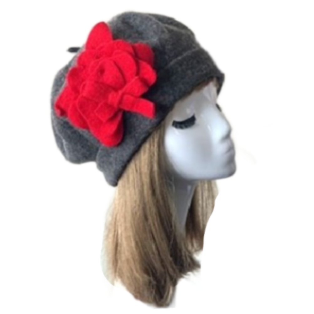 Women's Winter Warm Beret Wool Chic Trimmed Flower Beanie Hat - Buckles.Biz